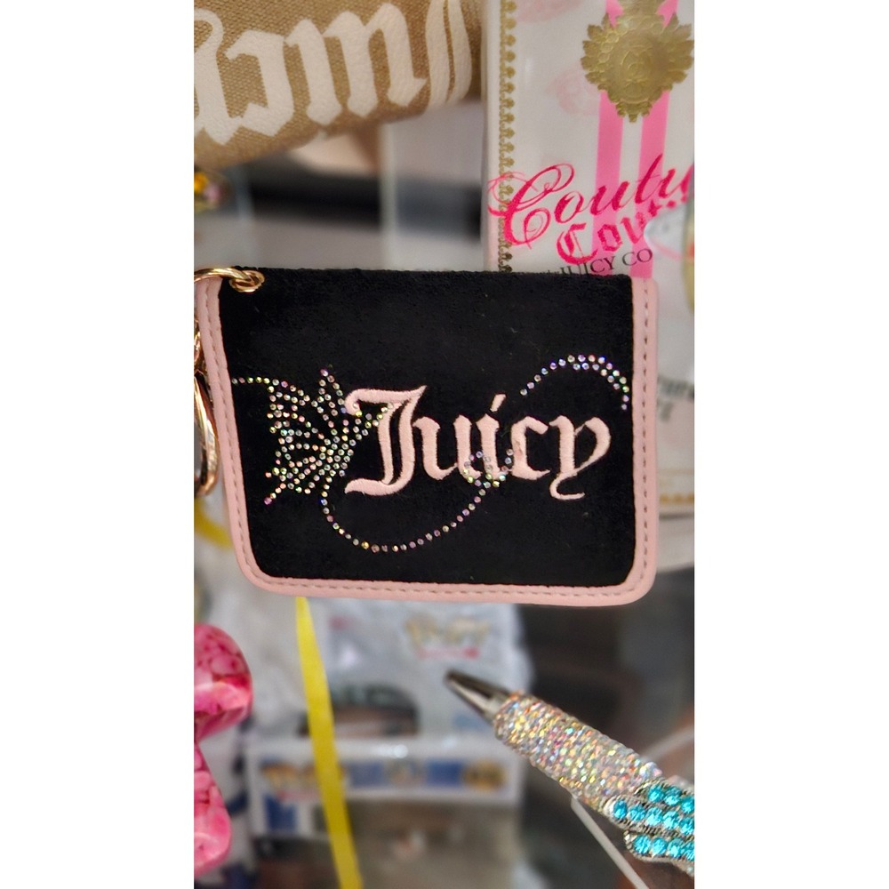 Juicy Couture Velour Coin Purse Black Pink Rhinestone Butterfly Keychain‎ Wallet